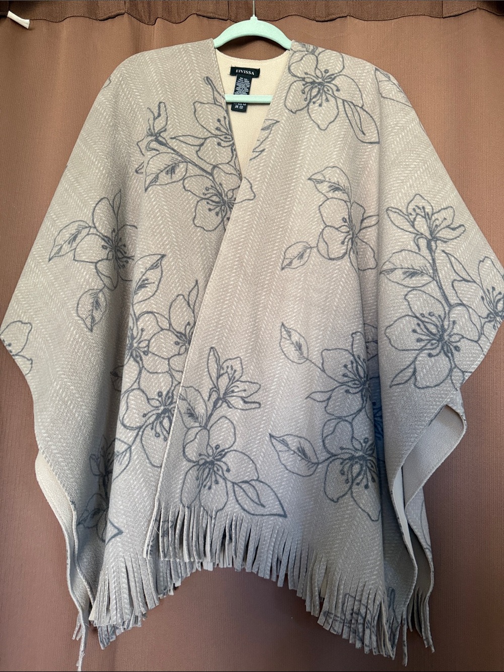 Evissa Beige Floral Fringe Poncho Wrap